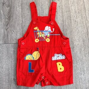 Vintage Happy Kids Red Shorts Overalls with Animal appliqué size 18 month